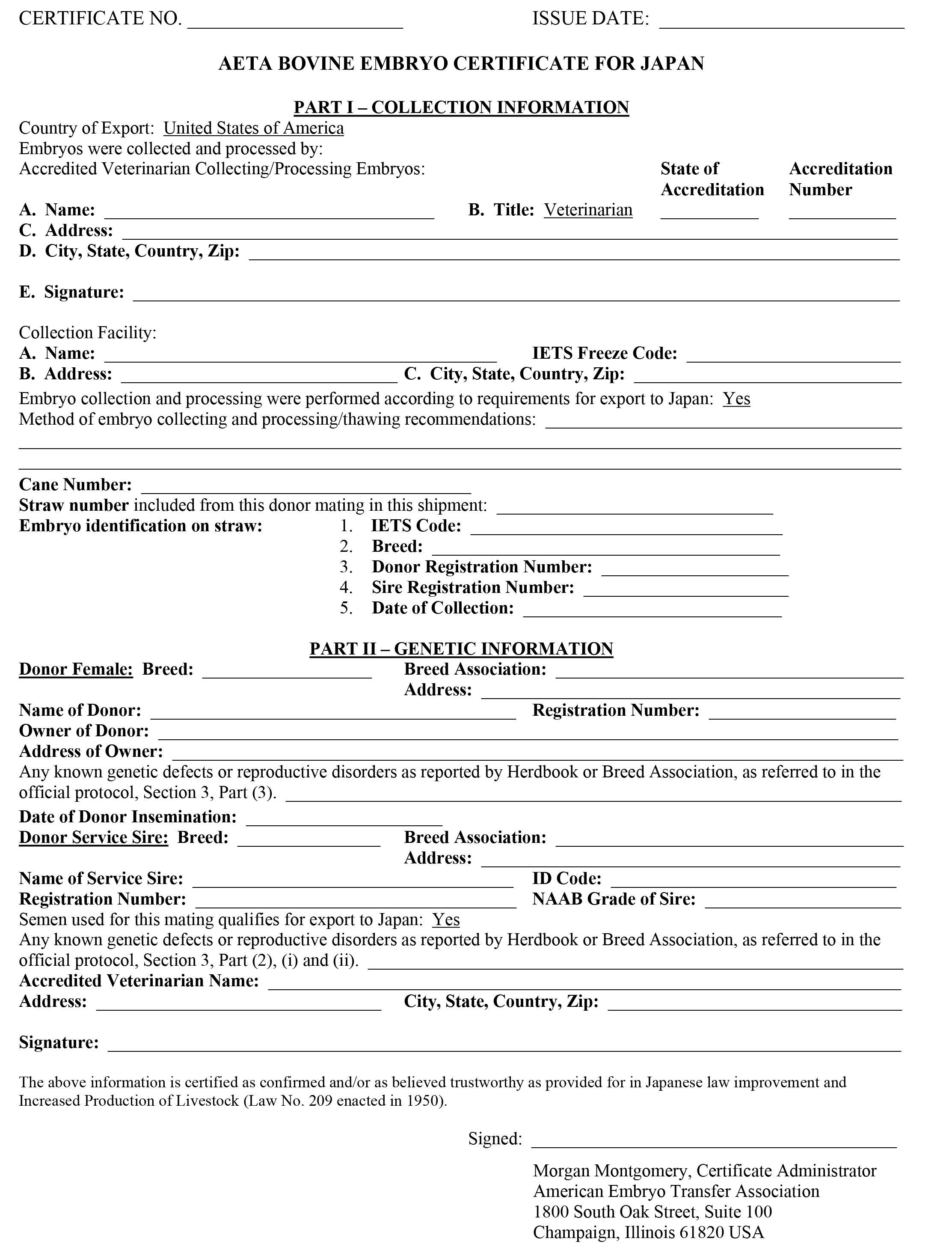 AETA Bovine Embryo Certificate for Japan